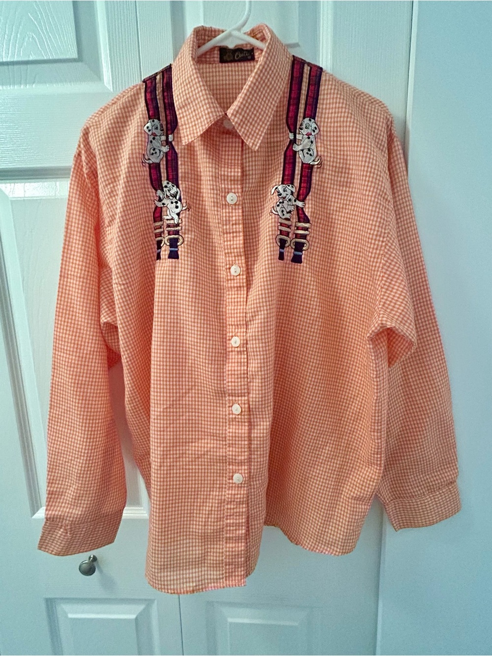 Vintage Women’s 80s/90s Dalmatian Puppy Gingham Shirt Shoulder Pads L/XL
